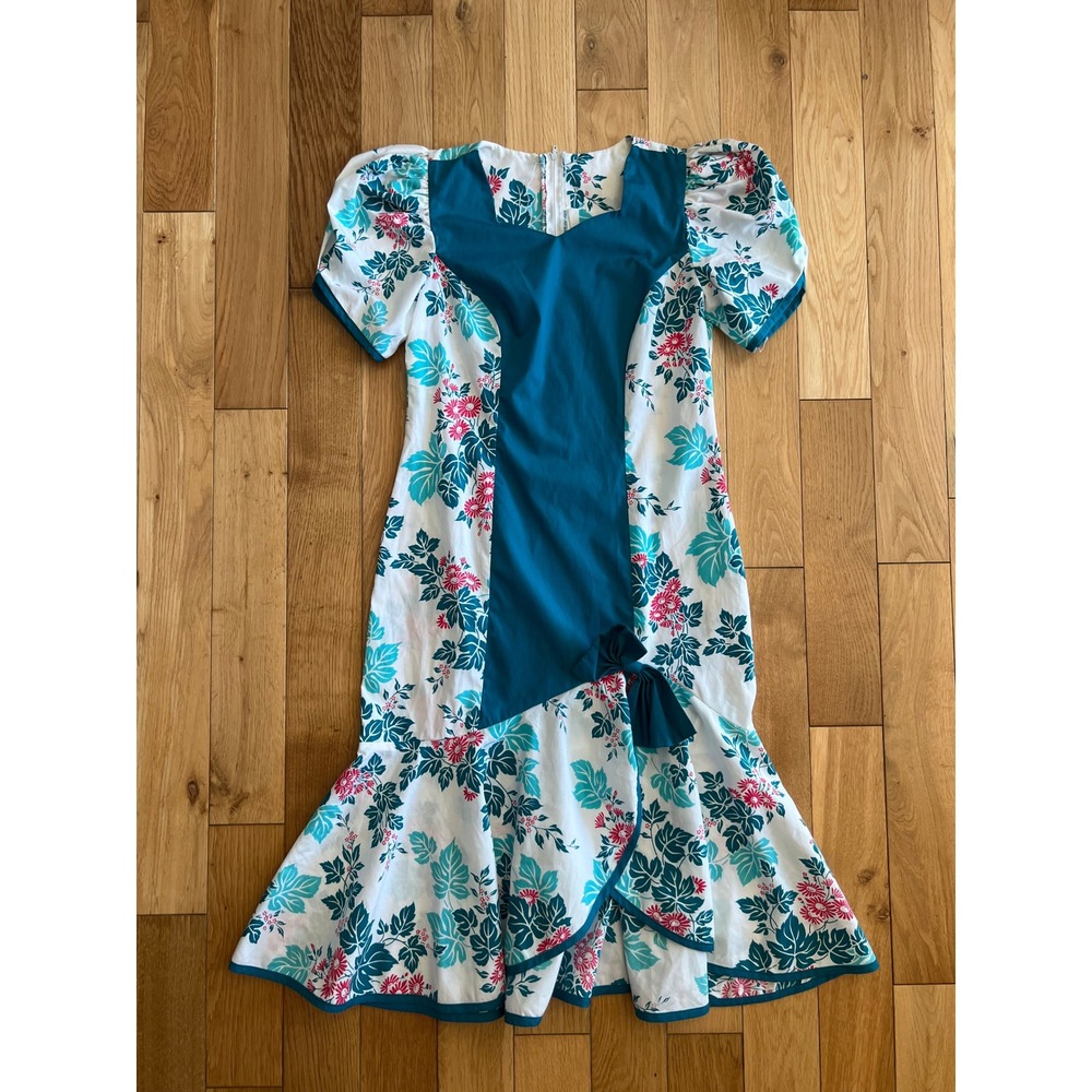 Vintage Hawaiian Puff Sleeve Floral Midi Fishtail Teal Dress Muu Muu Womens S